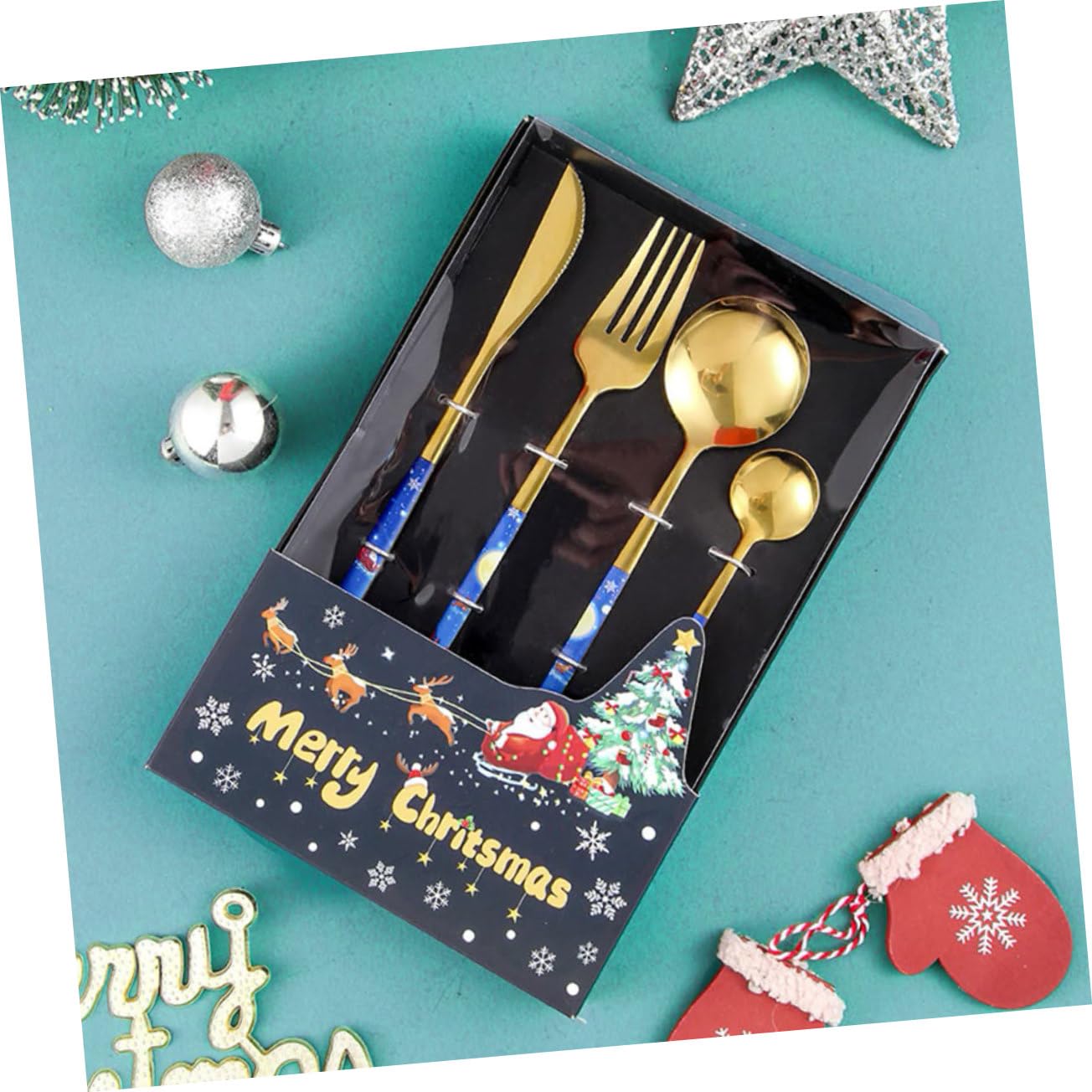 Alipis 4 Juegos De Cubiertos De Navidad Vajilla De Navidad Vajilla De Comida Tenedores De Cuchara De Navidad Cubiertos Suministros para Banquetes Kit De Cubiertos De Carne De Metal