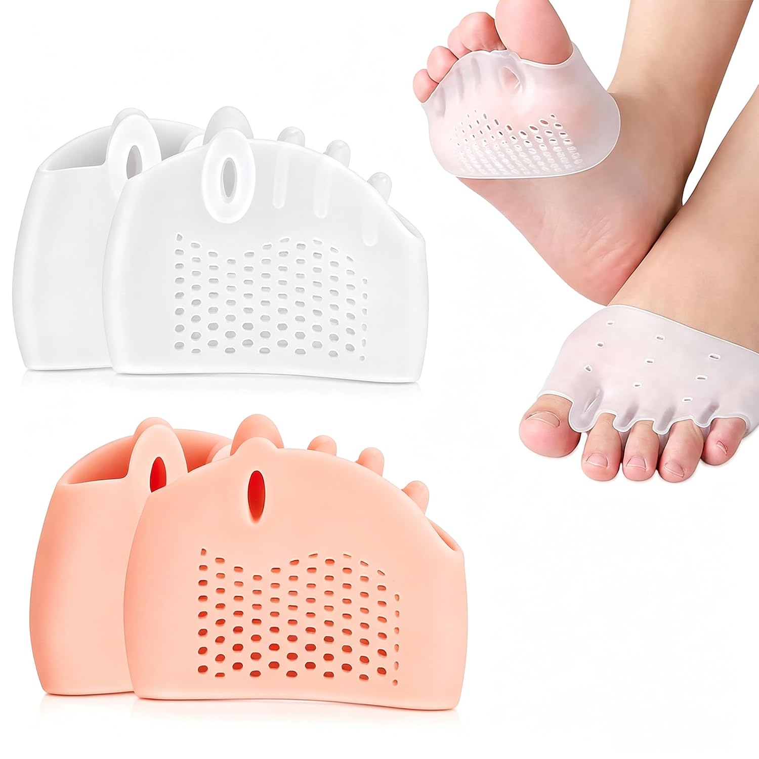 2pair Alignura 3 in 1 Pro Toe Straighteners, Silicone Forefoot Sleeves with Toe Separators,Flexible Silicone Forefoot Sleeves With Toe Separators (Transparent+Pink)