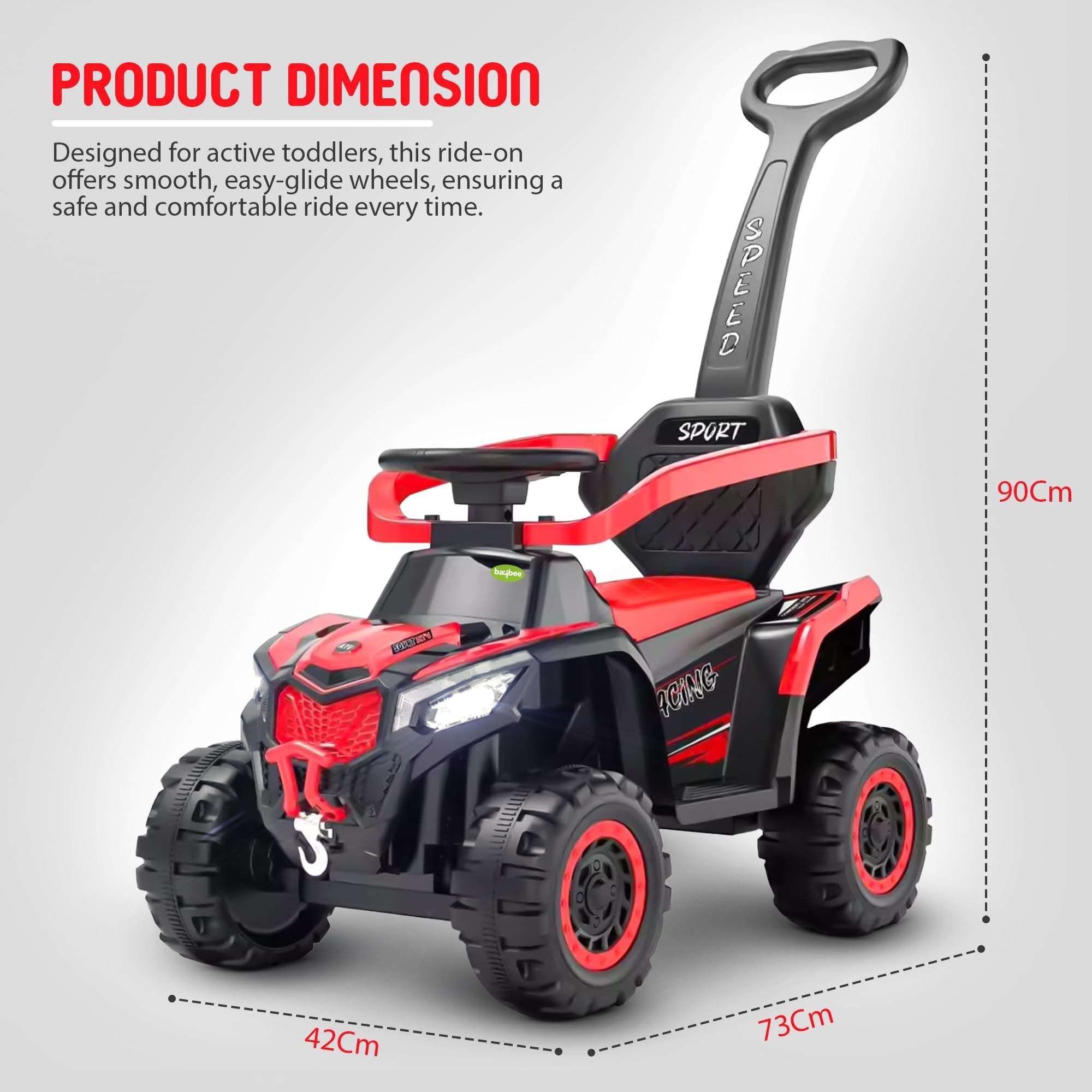 Baybee Monster 2 in 1 Baby Ride on Car for Kid, Ride on Baby Car with Push handle, Lights, Music & Safety Bar | Kids Push Car for Babies | Push Ride on Car for Kids 1-3 Years Boy Girl (Red)