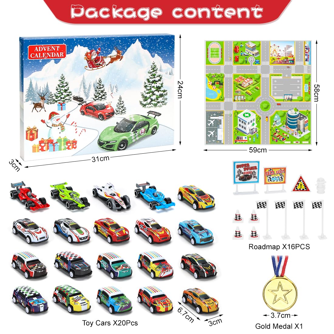 Sprinlot Calendario Adviento Coches, Juguetes de Carreras con Medalla Señales de Tráfico, Calendario Adviento Niños, Calendario de Cuenta Regresiva, Navidad Regalo para Niños Niñas