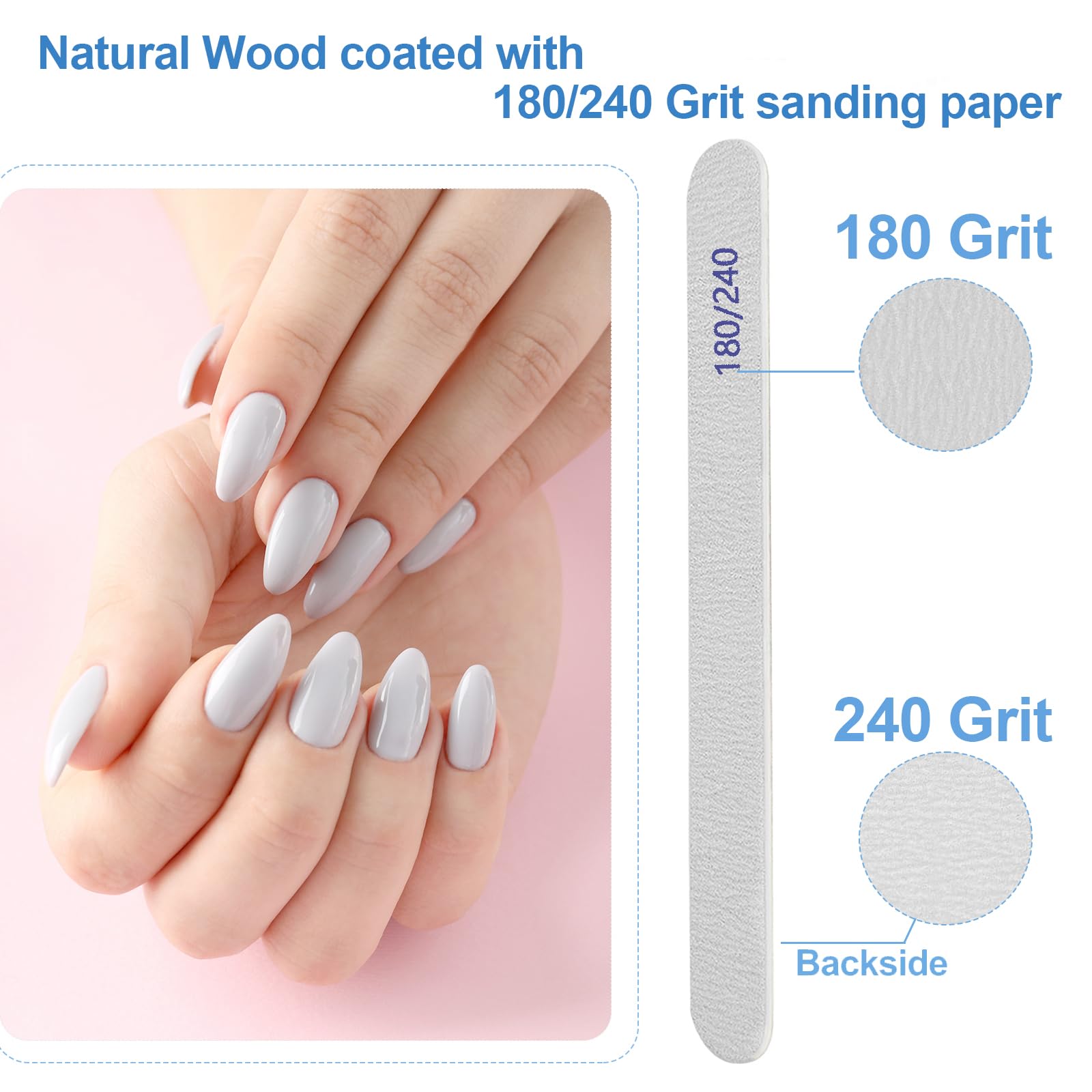 Nagelfeile (100 Packungen), Schmirgelbretter für Nägel, Körnung 180/240, Nagelfeilen für Naturnägel, Holz, doppelseitige Emory Fingernagelfeilen, professionelle wiederverwendbare Maniküre, Pediküre,