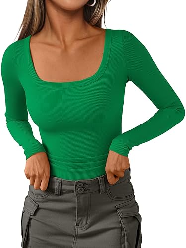 AUTOMET Womens Long Sleeve Shirts Square Neck Tops Ribbed Knit Fitted Casual Basic Tees Slim Fit Fall Outfits Fashion Clothes - Medium - Green