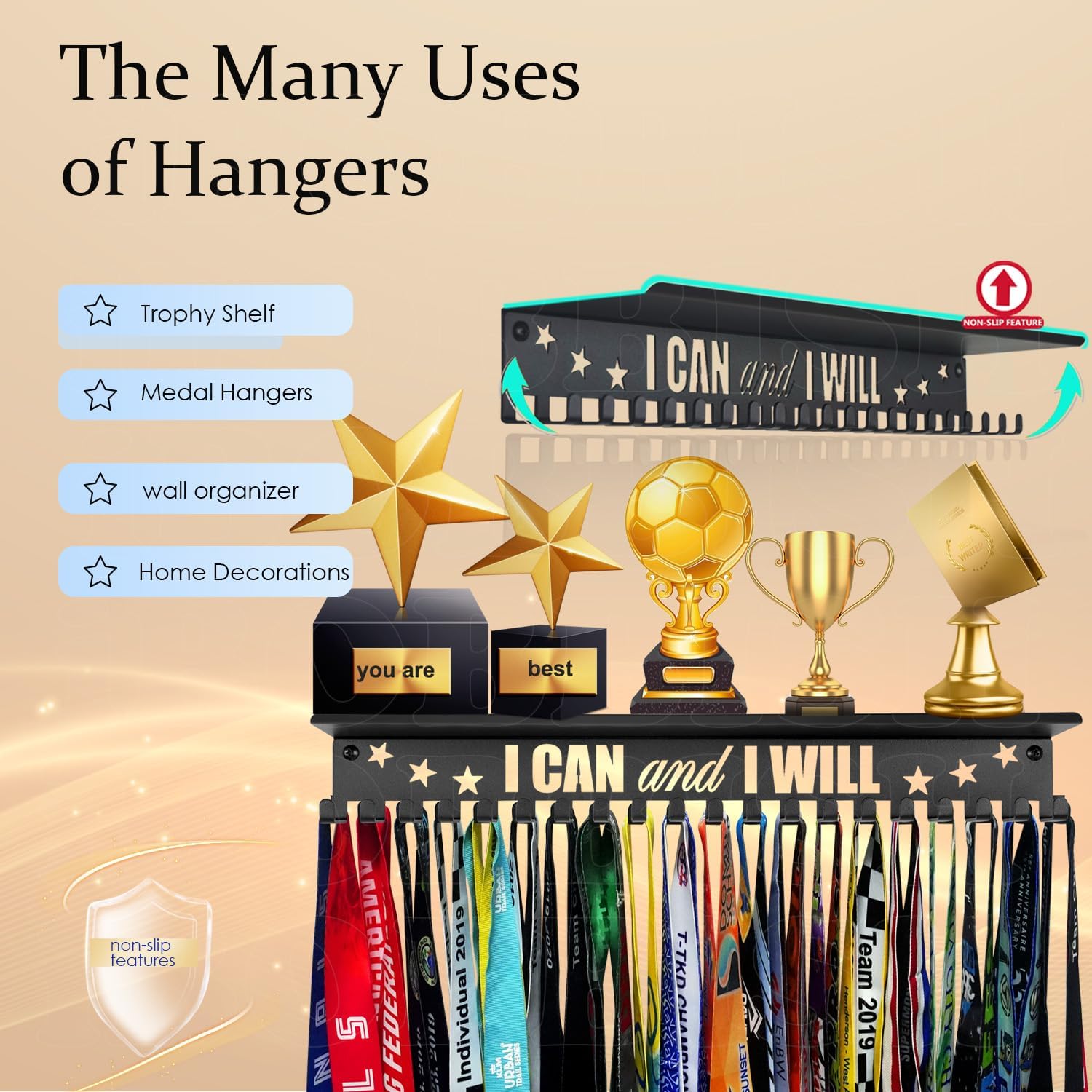 Metal Medal Hanger Display,Non-Slip Trophy Shelf with 20 Hooks,Wall Mount,Heavy Duty,Non-Bent,Holds 22-33lbs,for Gymnastics,Race,Soccer,Swim