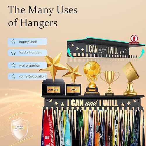 Vista 75 de Metal Medal Hanger Display,Non-Slip Trophy Shelf with 20 Hooks,Wall Mount,Heavy Duty,Non-Bent,Holds 22-33lbs,for Gymnastics,Race,Soccer,Swim Negro