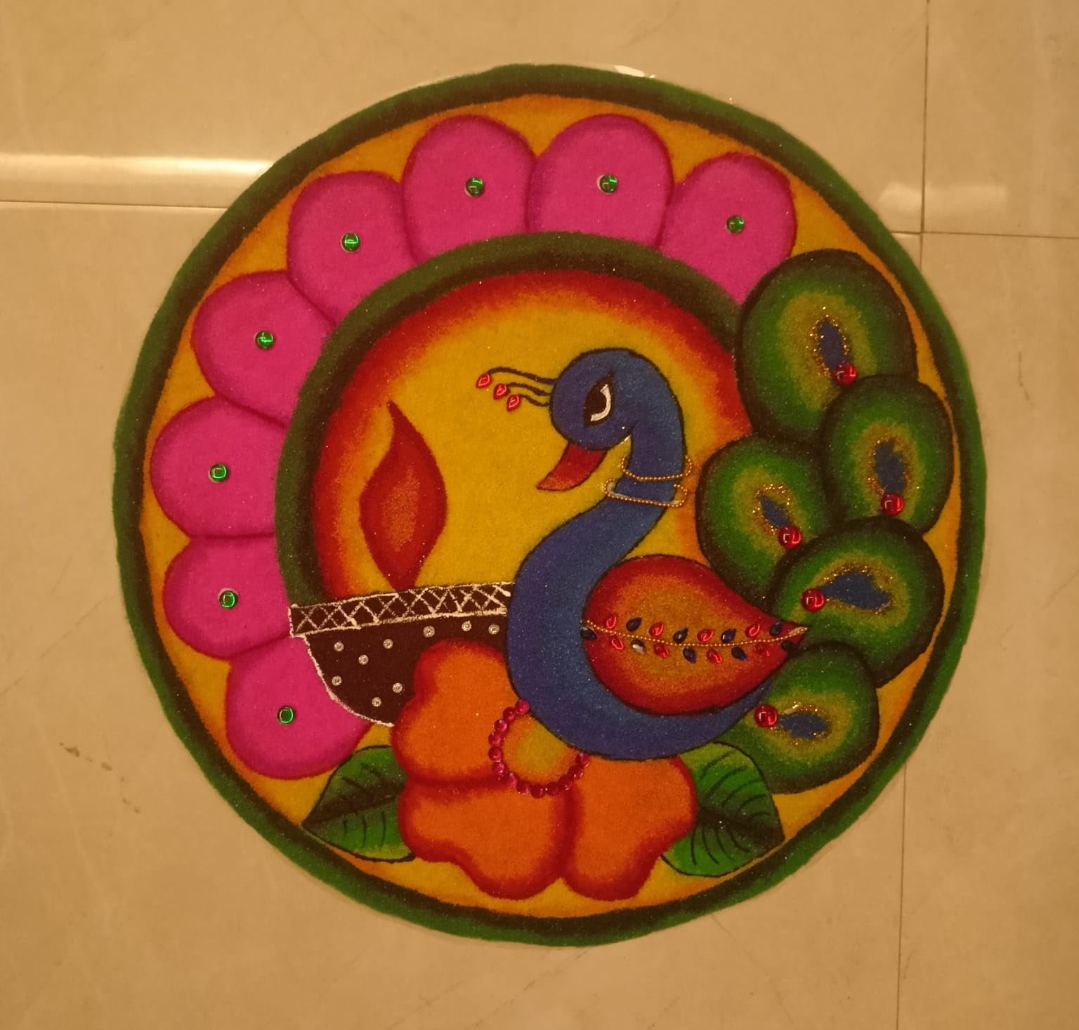 Buy decorative peacock rangoli design, a3 size, multicolour traditional  floor art pattern, real rangoli online at low prices in india - amazon.in