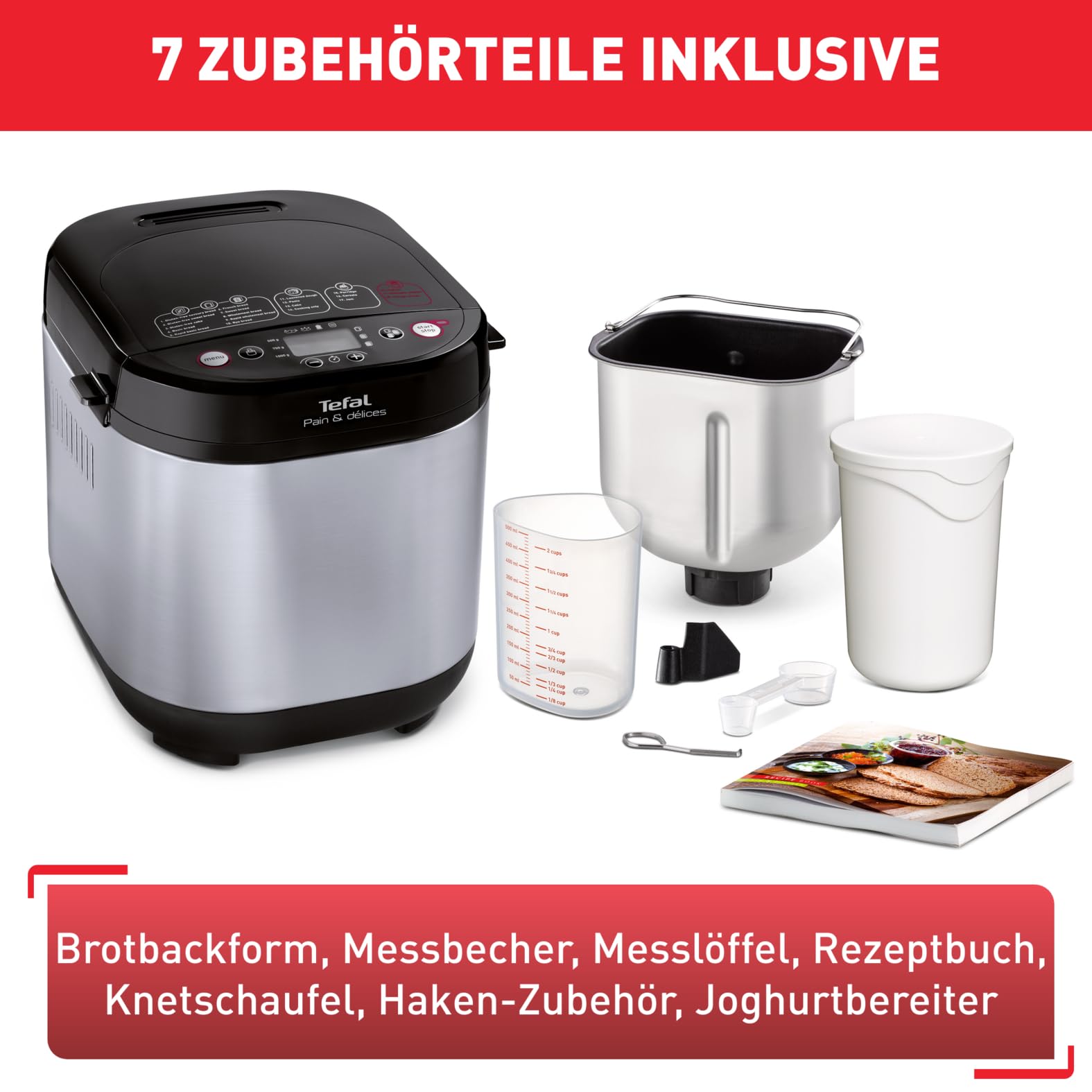 Tefal Brotbackautomat Pain & Délices, 20 Backprogramme, 3 Brotgrößen und Bräunungsstufen einstellbar, auch für Kuchen - Pizza - Nudelteig, Backform antihaftbeschichtet, schwarz/Edelstahl, PF240E