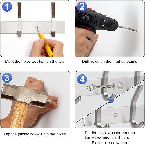 Miniatura 5 de GlazieVault Perchero de pared de acero inoxidable (paquete de 2) - Ganchos resistentes para sombrero, toalla, batas, chaqueta, ropa, baño, colgador