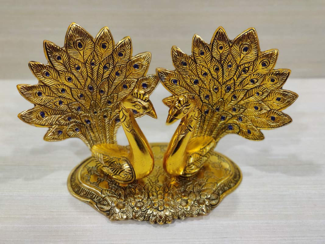 Indian Collectible - Coppia di statuette in metallo a forma di pavone che si baciano, placcato oro, decorazione da tavolo per casa, soggiorno, ufficio, camera da letto