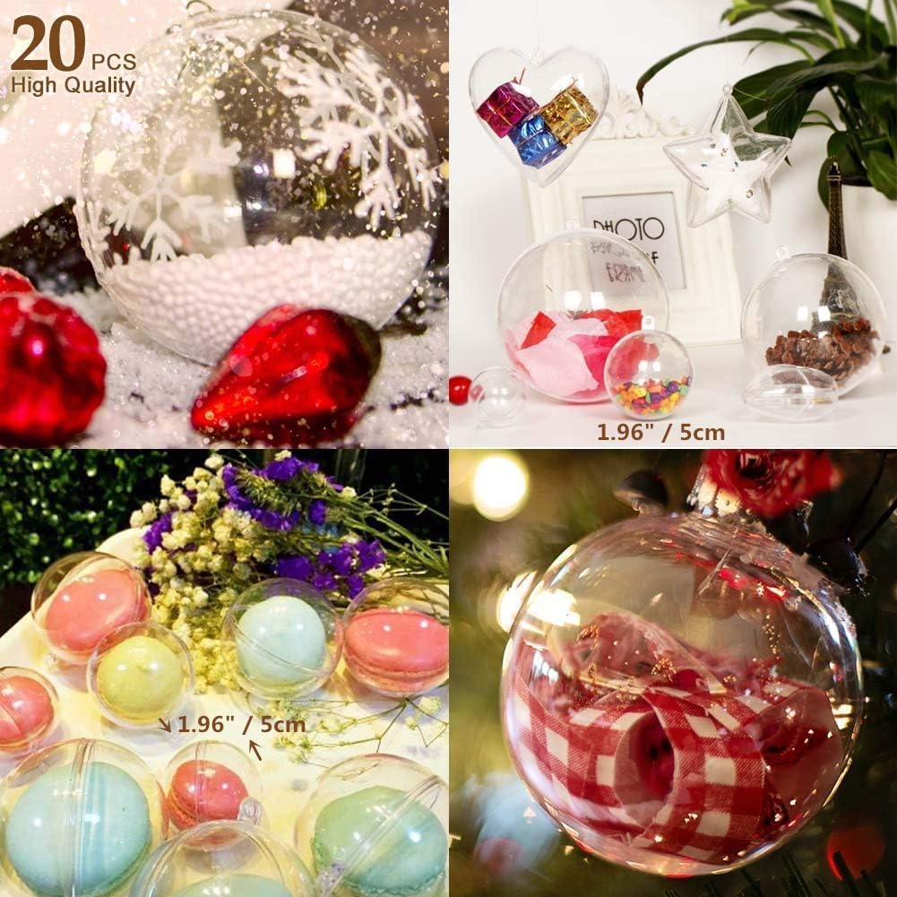 20Pcs 1.97'' Clear Plastic Fillable Ornaments Ball, AGM DIY Plastic Christmas Tree Hanging Ornaments Ball, 50MM Decoration Crafts for New Years Present, Holiday, Wedding, Party Home Decor