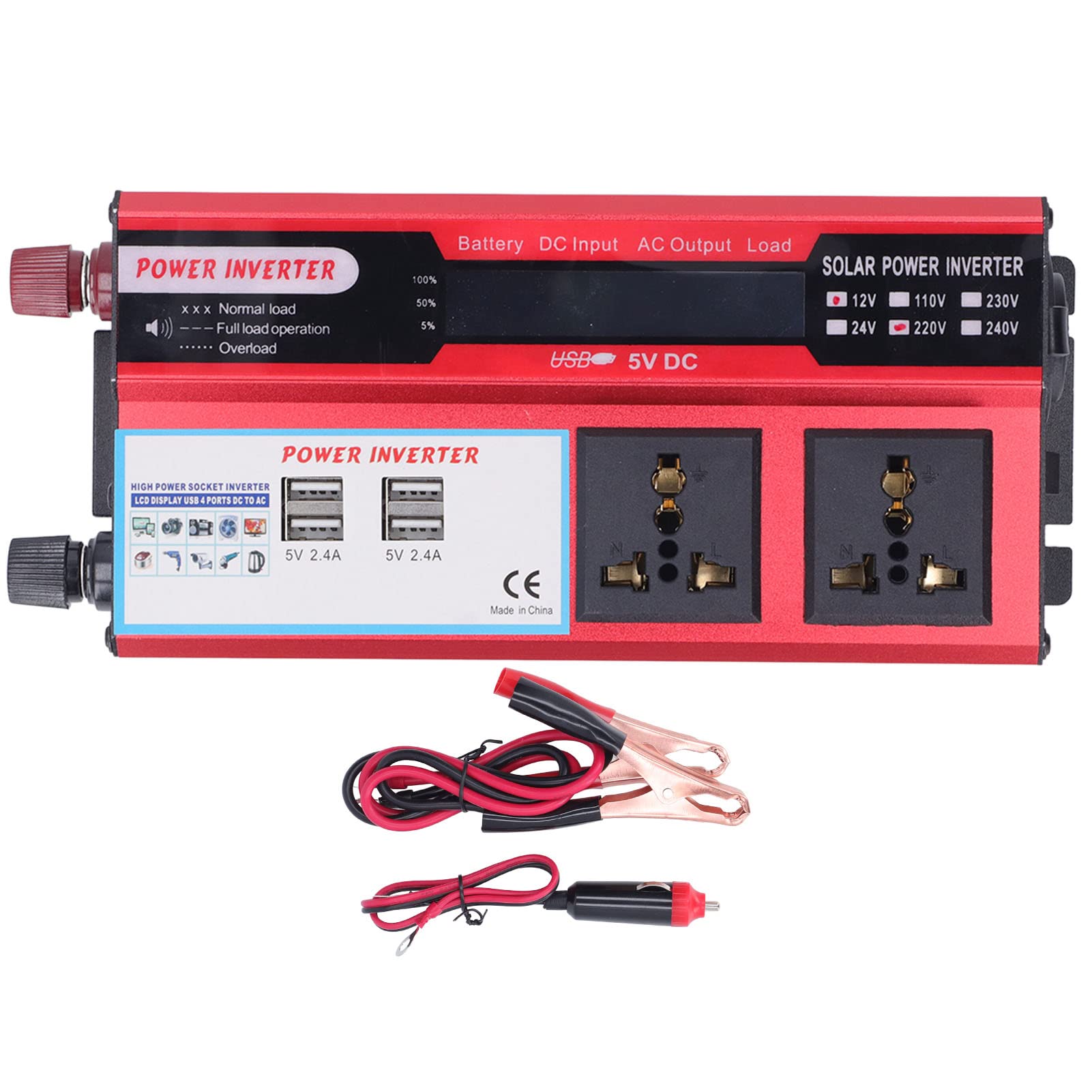 Inversor de Corriente de 500W DC12V a AC220V Inversor de Coche con 4 Puertos USB