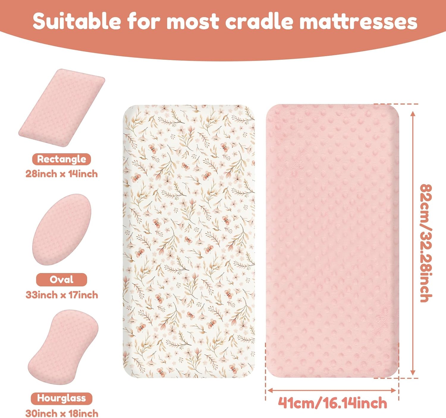2 Pack Muslin Bassinet Sheets for Baby, Easy to Clean, Soft Breathable Elastic Stretchy Baby Pad/Mattress Sheet Set, for Hourglass Oval and Rectangle Bassinet Mattress (Pink + Floral Print) - Image 2
