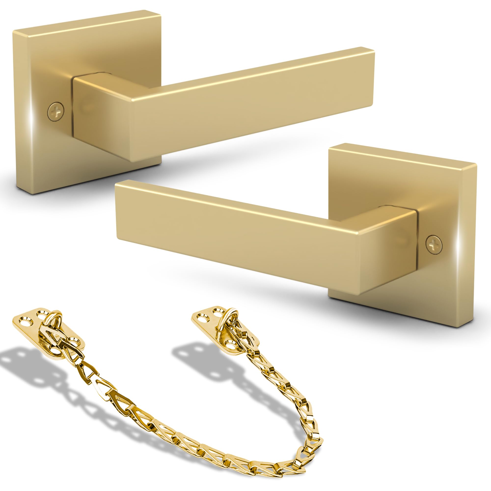 MEGA HANDLES ROBELL Collection - Reversible Dummy Door Handle 2 Pack + Transom Chain (Satin Brass)