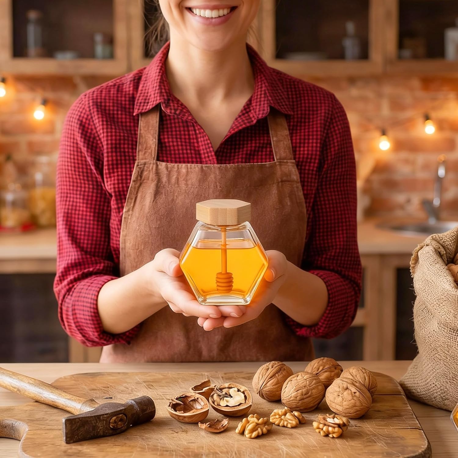 6 Pack Hexagon Glass Honey Jars with Bamboo Lids & Wooden Dippers – 7 oz Clear Kitchen Honey Pots for Storage & Dispensing