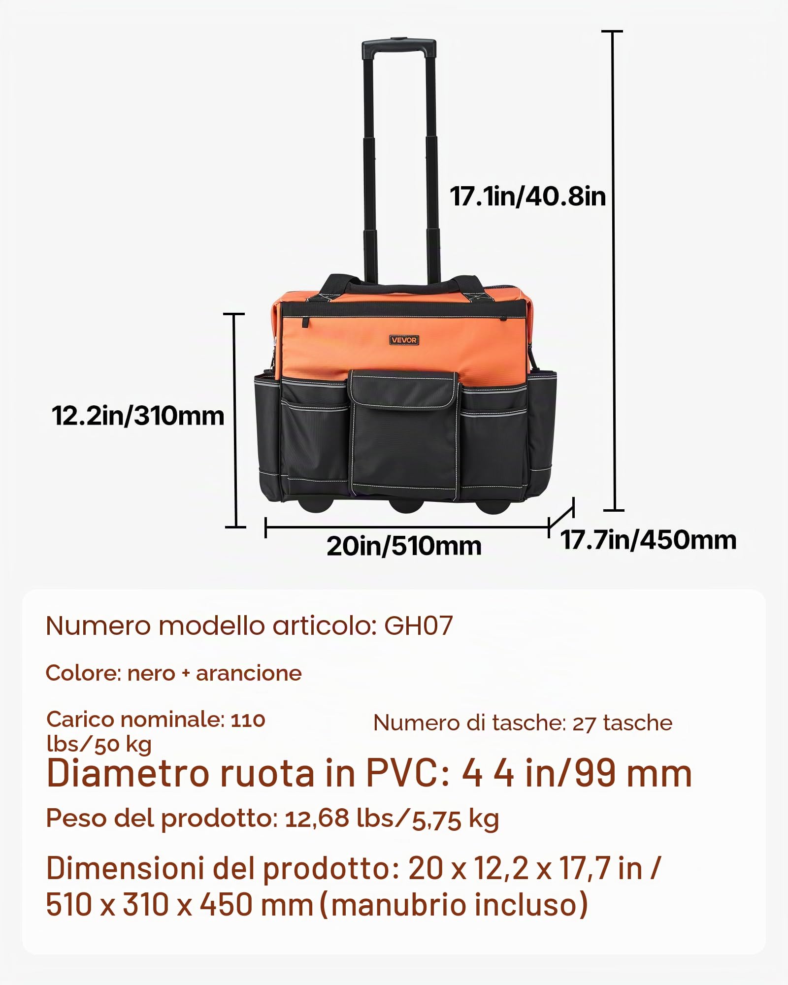 VEVOR Zaino Portautensili con Ruote, Capacità 50 kg, Borsa Portautensili con Ruote da 27 Tasche, Maniglia Telescopica Regolabile e Base Stabile, Organizzatore per Borse per Edilizia, Meccanico