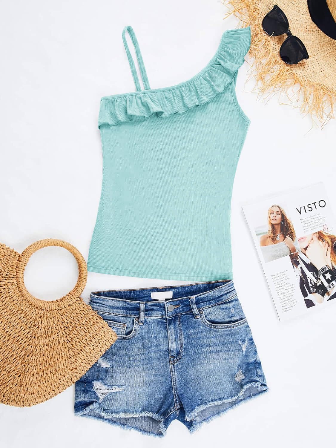 CNJFJ Womens Summer Bodycon Camisoles One Shoulder Strap Square Neck Blouse Rib Knitted Ruffle Tank Tops - Image 5