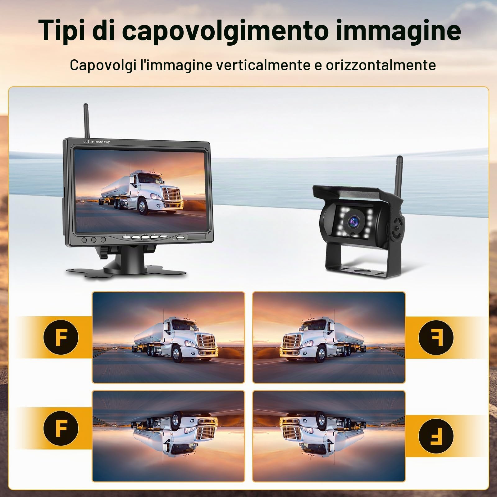 1080P 7'' IPS Monitor Con Doppio Wireless Telecamera Retromarcia Kit | IP68 Impermeabile Telecamere Posteriore Avviso di Angolo Cieco Visione Notturna Telecamere per Auto Camion Camper 12V-36V
