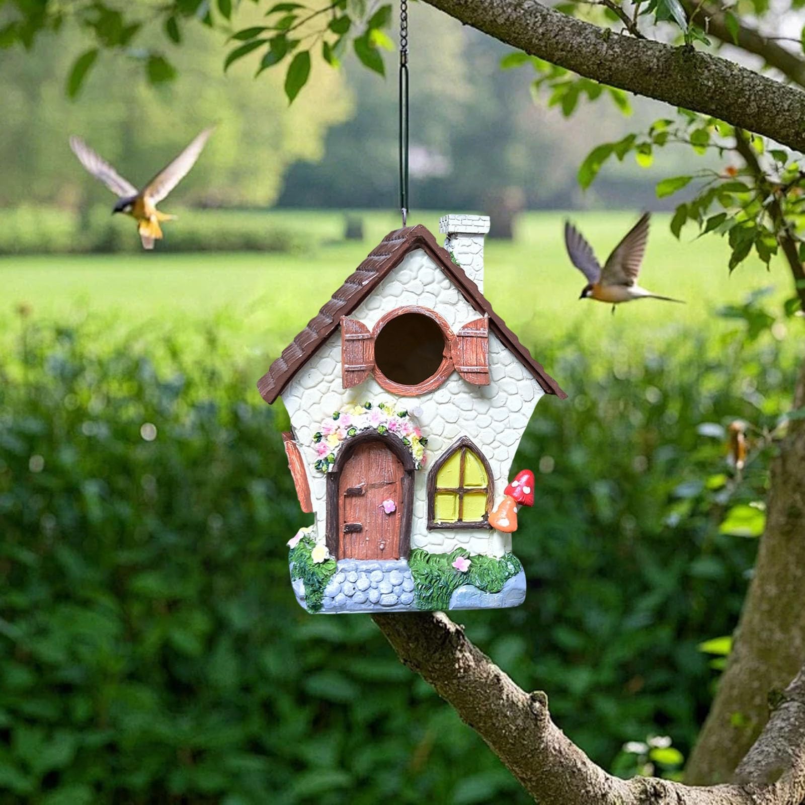 Casetta per uccelli da appendere, impermeabile, resistente, in resina, con catena, per uccelli blu, passeri, fringuelli, cardinali, cince, all'aperto, giardino, cortile, regalo