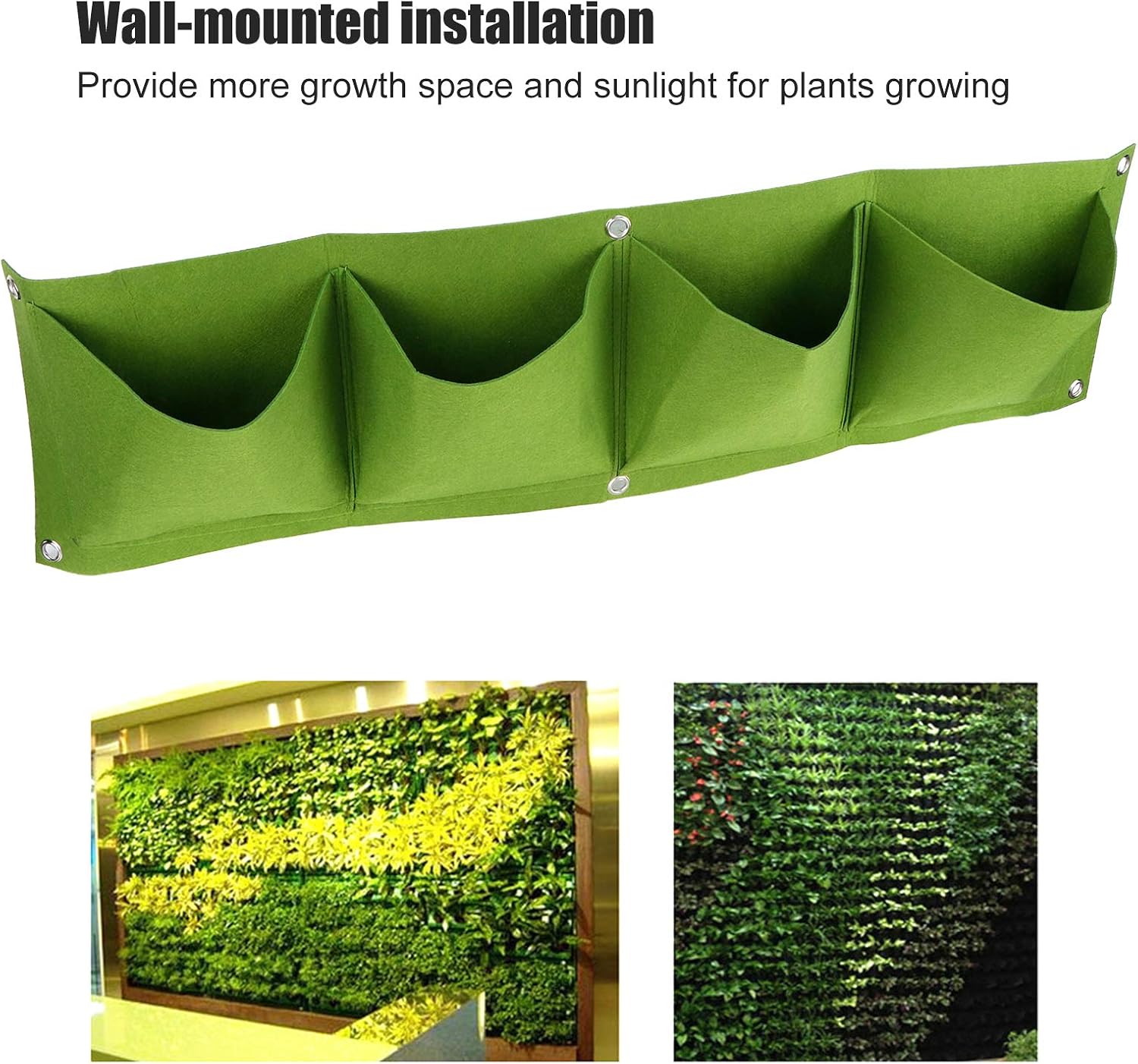 4 Pocket Felt Vertical Wall Garden Planter, Green, Reusable Wall Mounted Growing Bag for Flower and Vegetable, 31.3x8.7 Inch, 4 Pack