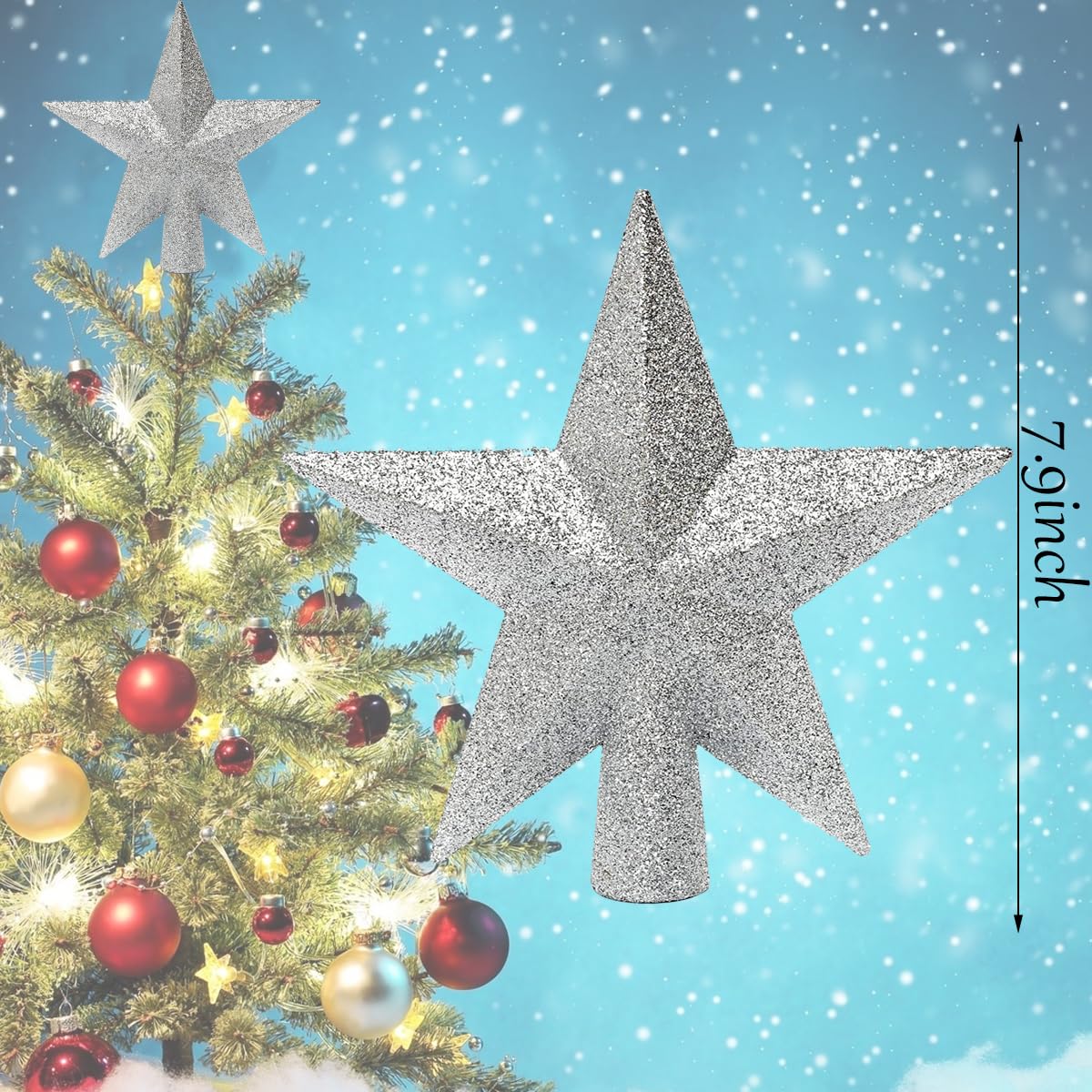 Stella Glitterata Com-four® Per Albero Di Natale - Puntale Argento Con Glitter - Decorazione Natalizia - Foto 6