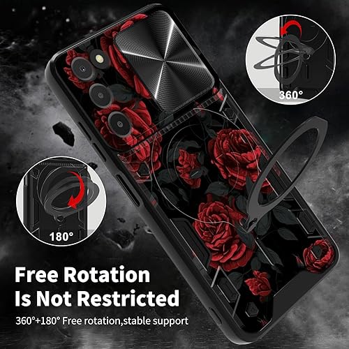 Vista 366 de Funda para Samsung Galaxy A13 5G con cubierta deslizante para lente de cámara y anillo giratorio de 360 grados, soporte híbrido de doble capa Flores