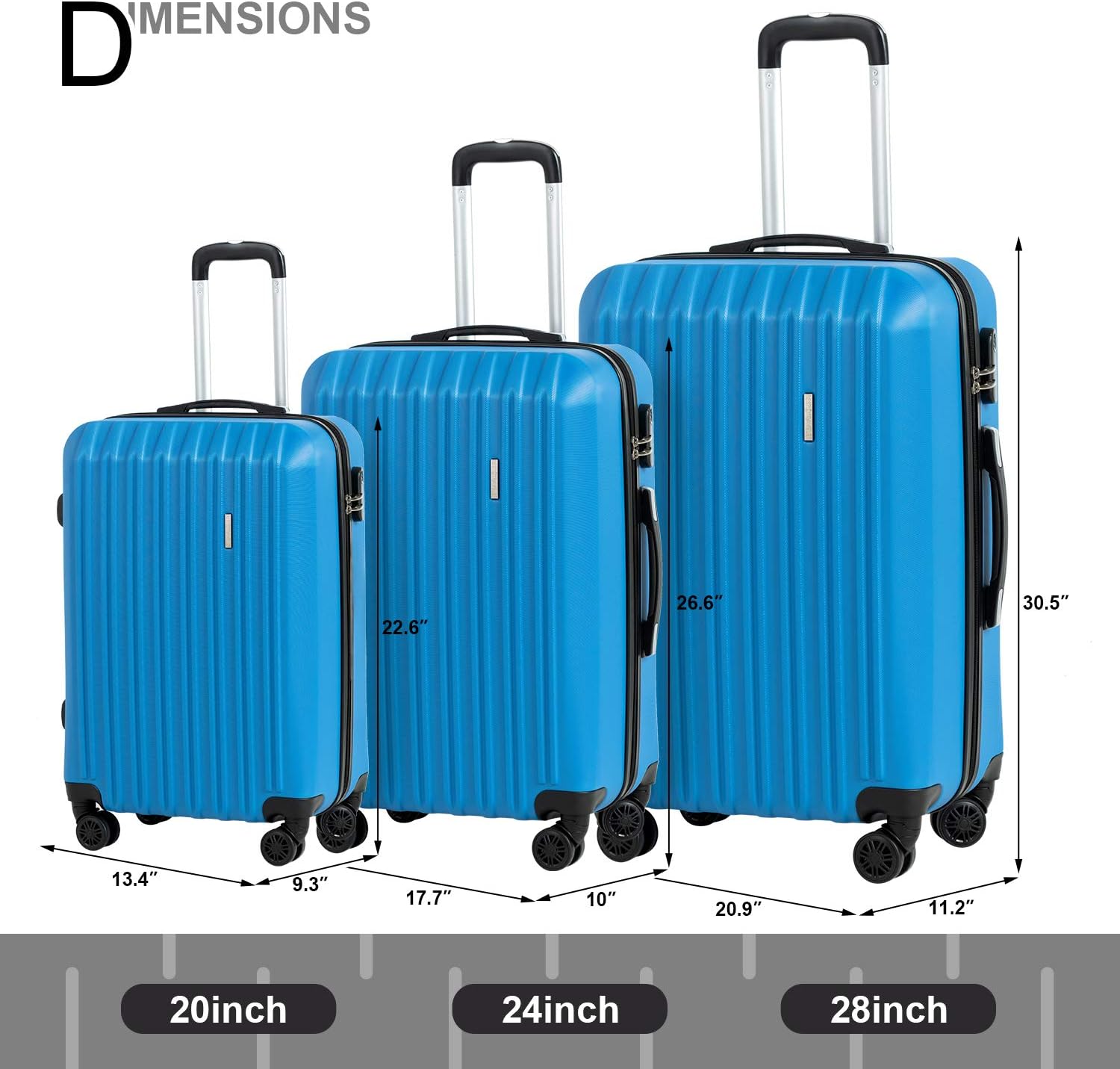 Murtisol ABS Hardside Luggage Sets With Spinner Dual Wheels,French Blue, 3-Piece Set(20/24/28)