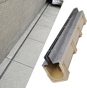 Katzowen Stainless Steel Trench Drain System, Slim Channel Drain Kit Outdoor, for Driveway, Yard, Sidewalk, Heavy Duty Mini French Drain Pipe with Plastic Grate15x20x100cm