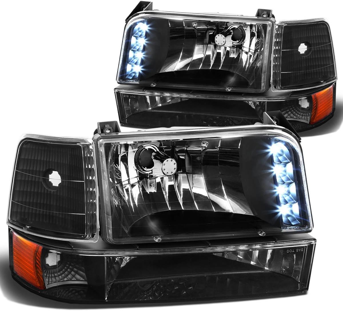 DNA MOTORING HL-OH-F15092-6P-LED-BK-AM Black Amber Headlights Compatible with 92-96 Bronco F150 F250 F350