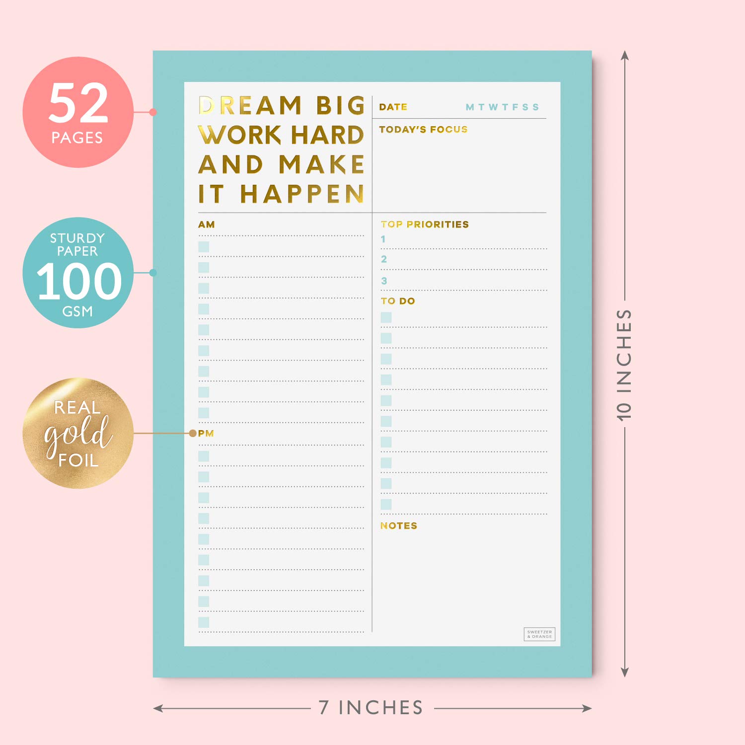 Sweetzer & Orange Dream Big Daily Planner Notepad. Undated Planner, Daily Agenda, Focus, and To