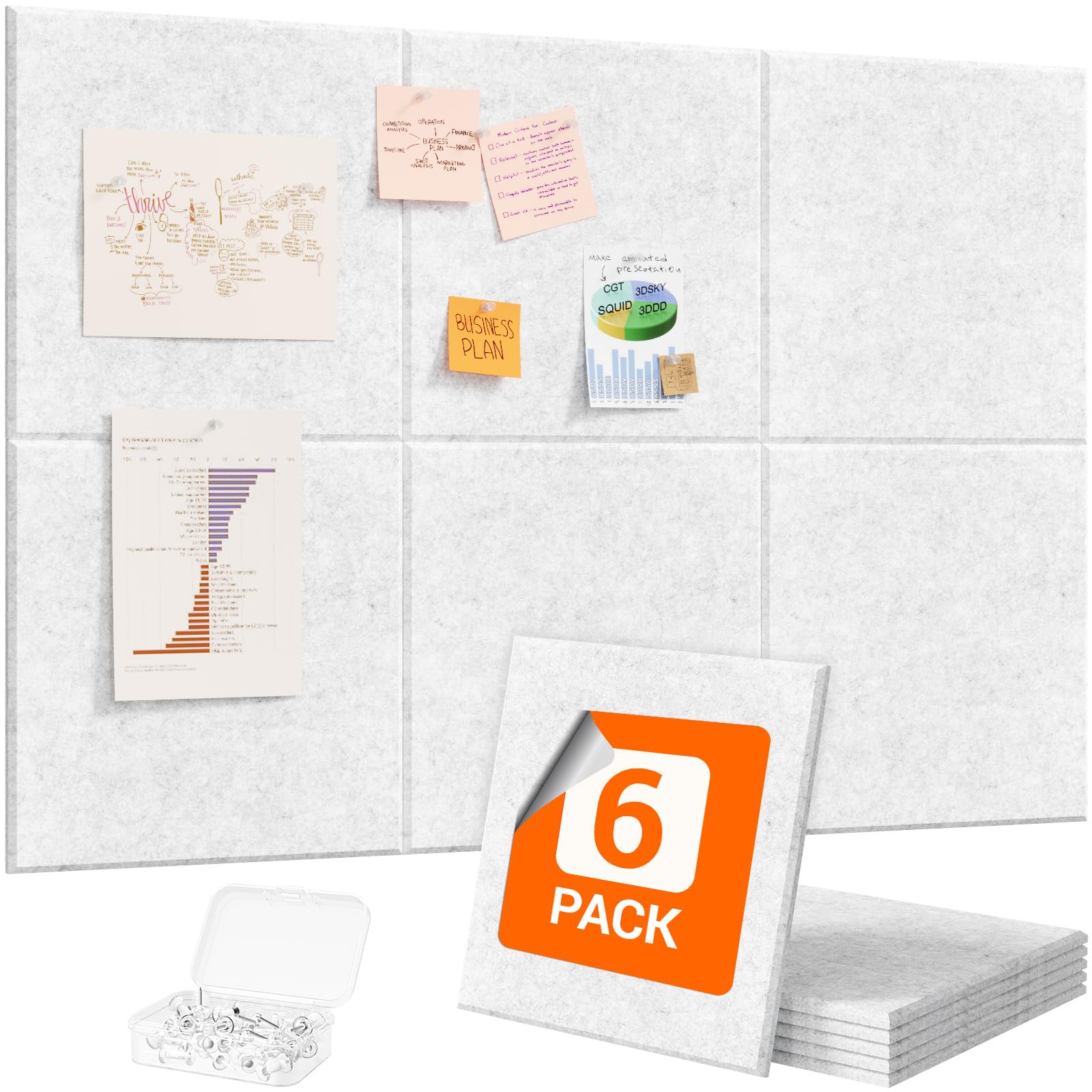 Lifewit 36"x 24" Felt Bulletin Board with Self-Adhesive, 6 Pack Cork Board Alternative for Walls, Large Pin Board Vision Board Message Board with 30 Pushpins for Office Decor, Room Decor, Grey