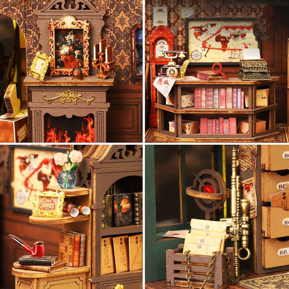 Kit de casa de muñecas de detective en miniatura, rompecabezas 3D de madera con luces LED, caja de música, estilo victoriano, idea creativa de habitación, el mejor regalo (con cubierta antipolvo)