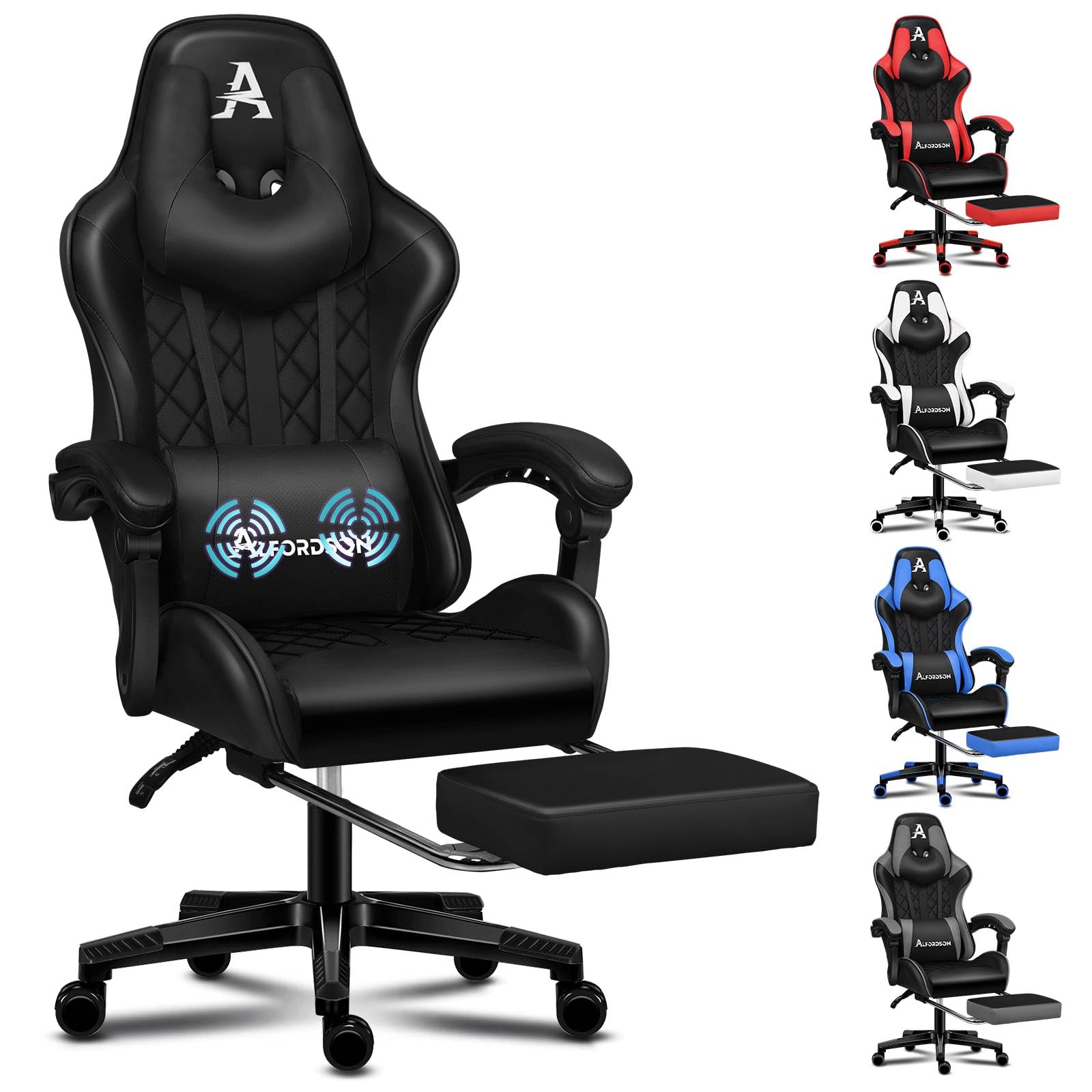 ALFORDSON Sedia Gaming Ergonomica Reclinabile, Con Massaggio e Cuscino Lombare,Sedia Ufficio con Cervicale e Poggiapiedi Retrattile,Altezza Regolabile,Poltrona GamerReclinabile 150°, Similpelle(Nera)