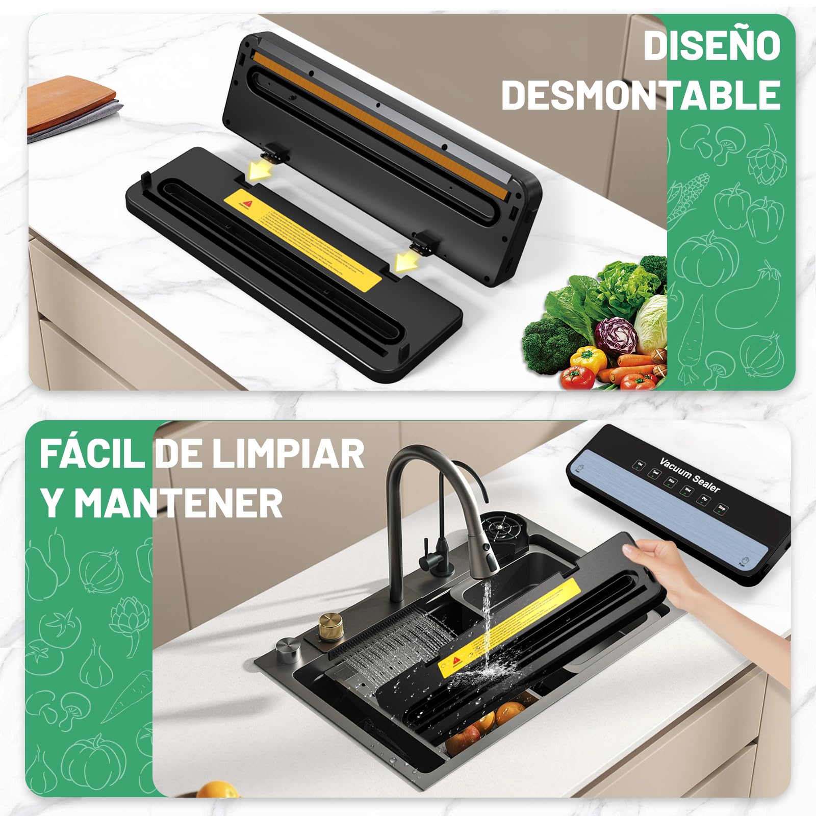 Raycial Envasadora al VacíO 5 en 1 Con Bolsas de Envasado al VacíO, Sellador al Vacio de Alimentos Secos Y HúMedos, Maquina al Vacio de Alimentos para Alimentos, Compacta, Totalmente AutomáTica