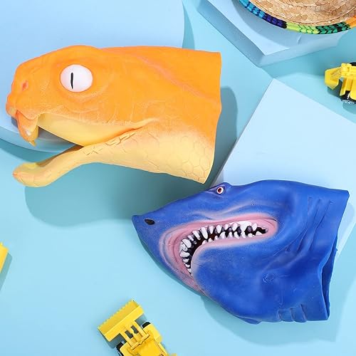 Miniatura 5 de NUOBESTY 2 marionetas de mano de tiburón, serpiente, marioneta de mano de goma suave, marionetas realistas de cabeza de animal para niños, narración