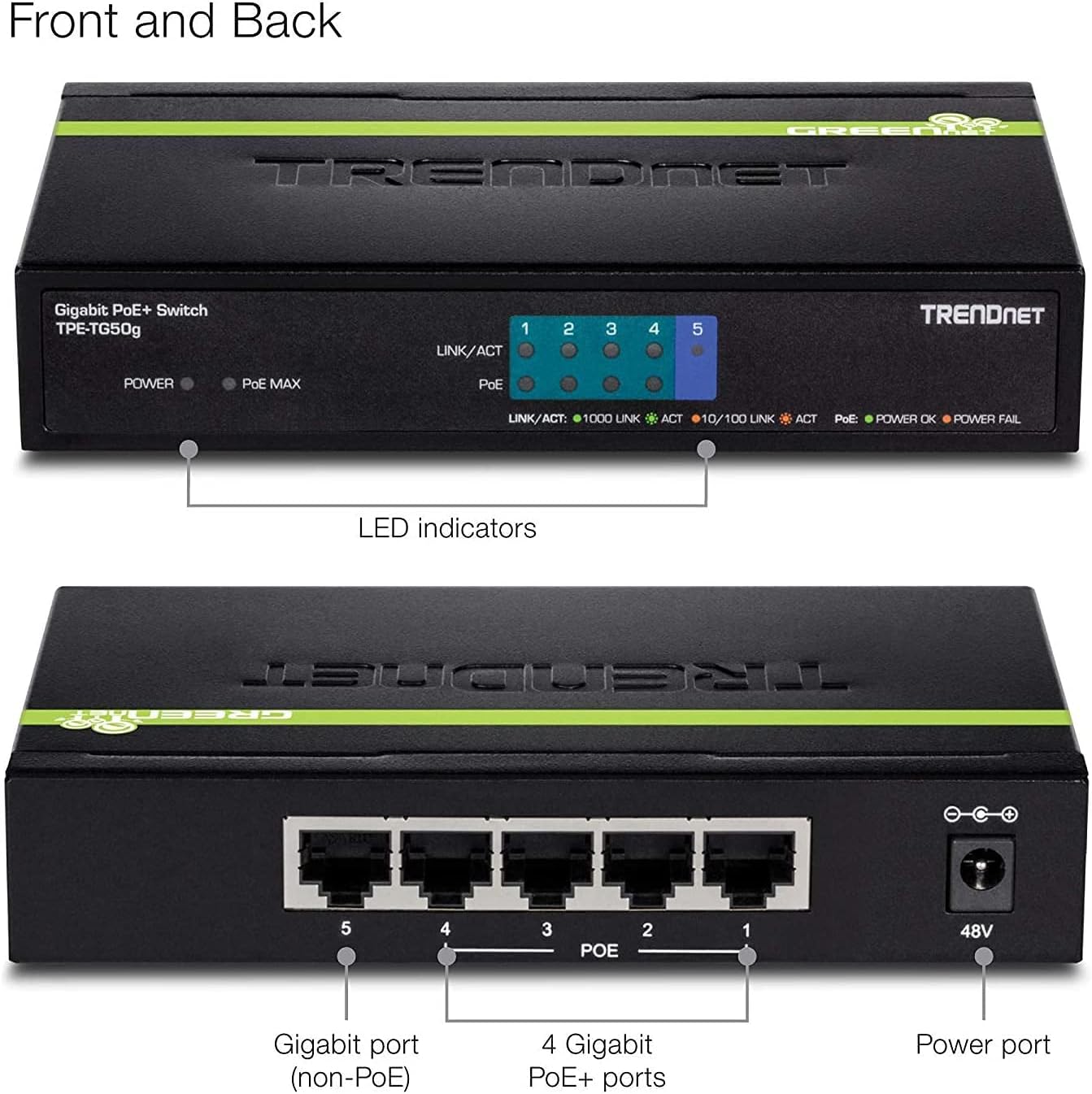 TRENDnet TPE-TG50G 5-Port PoE+ Gigabit Ethernet Switch with GREENnet Technology (TPETG50G)