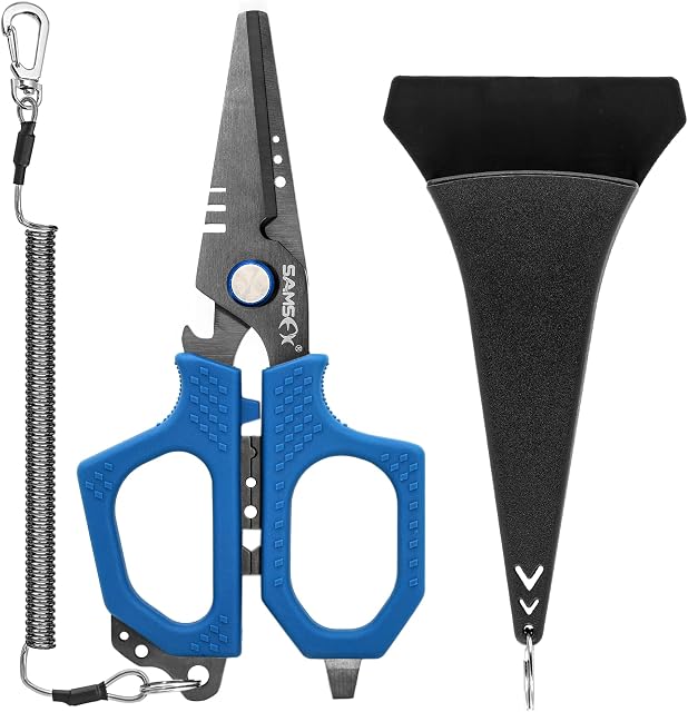 SAMSFX Fishing Braid Line Scissors Shears with Antirust Coating and Dual-Serrated Blade, Kraton Handle, Come with Hard Sheath and Coiled Lanyard (Blue Handle, Hard Sheath)