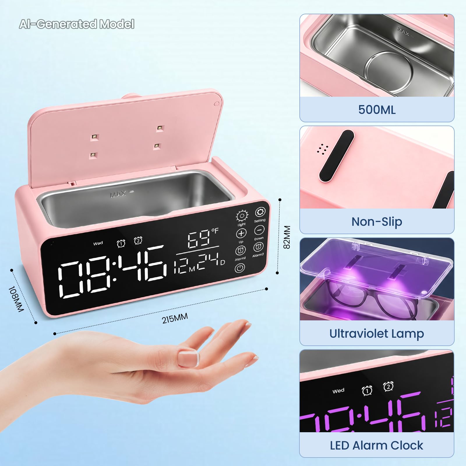 Dispositivo di pulizia a ultrasuoni, 48 kHz, 500 ml, dispositivo a ultrasuoni con sveglia, pulitore a ultrasuoni con display LCD, per apparecchi dentali, occhiali, anelli, orologi, incluso panno per