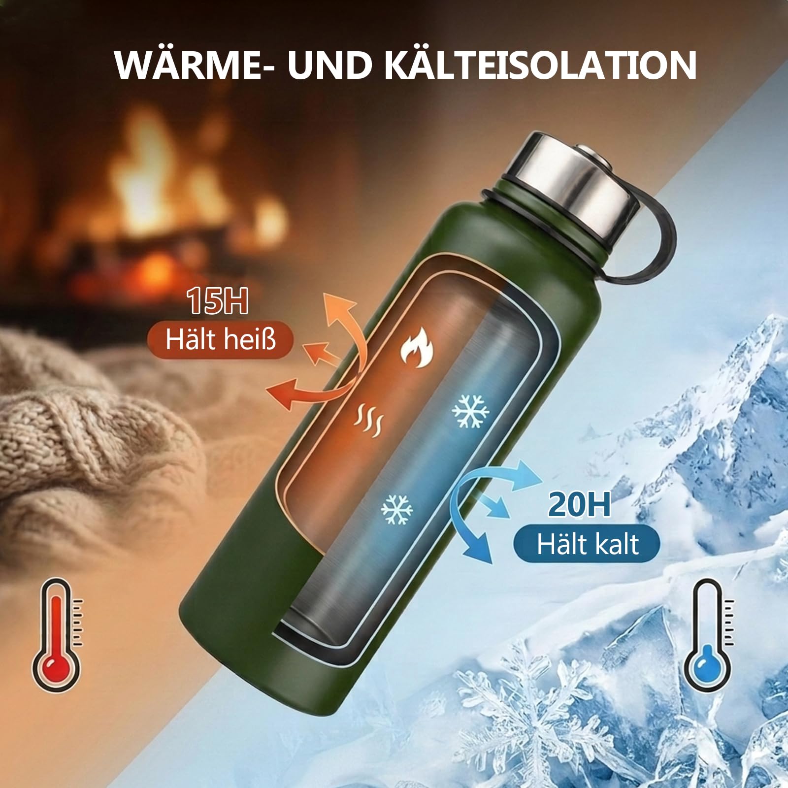 YYW - Botella térmica de acero inoxidable de 1,5 litros, aislada al vacío, termo, a prueba de fugas, deportiva, doble pared, termo para deporte, Unisex adulto, verde, 1.5 L ( 13x3.5 Zoll )