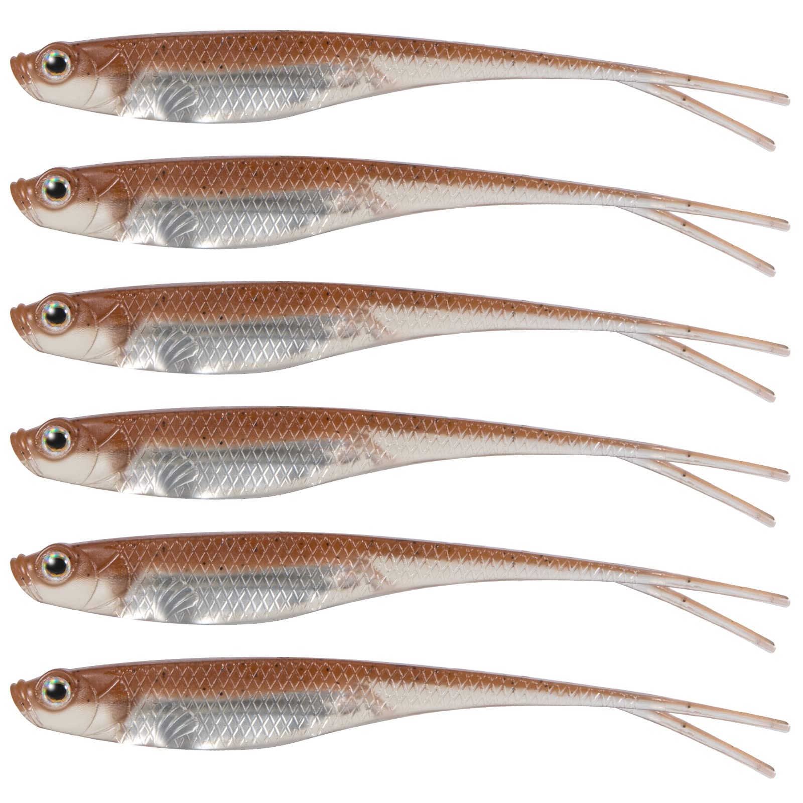 Dr.Fish Soft Plastic Baits Bass Fishing Lures Fork Tail Soft Jerkbait Drop Shot Bait Jerk Shad Minnow Swimbait Crappie Lures for Trout Pike Walleye Light Brown 4.75''