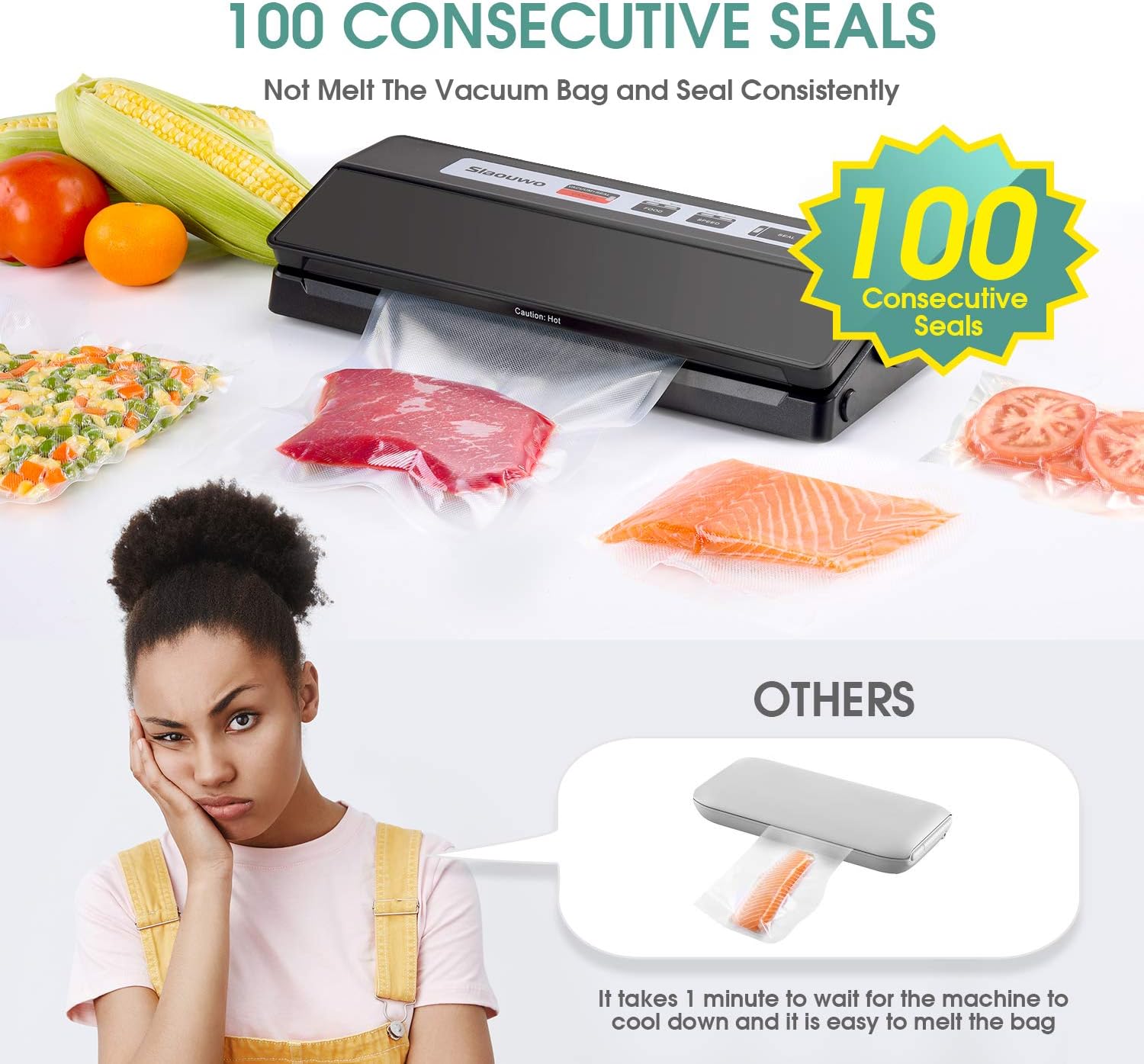 Vacuum Sealer Machine, Slaouwo Automatic Food Sealer for Food Savers, Compact Vacuum Packing Machine with 2 Roll Vacuum Bags, up to 100 Consecutive Seals, Dry & Moist Modes, Led Indicator Lights: Kitchen & Dining