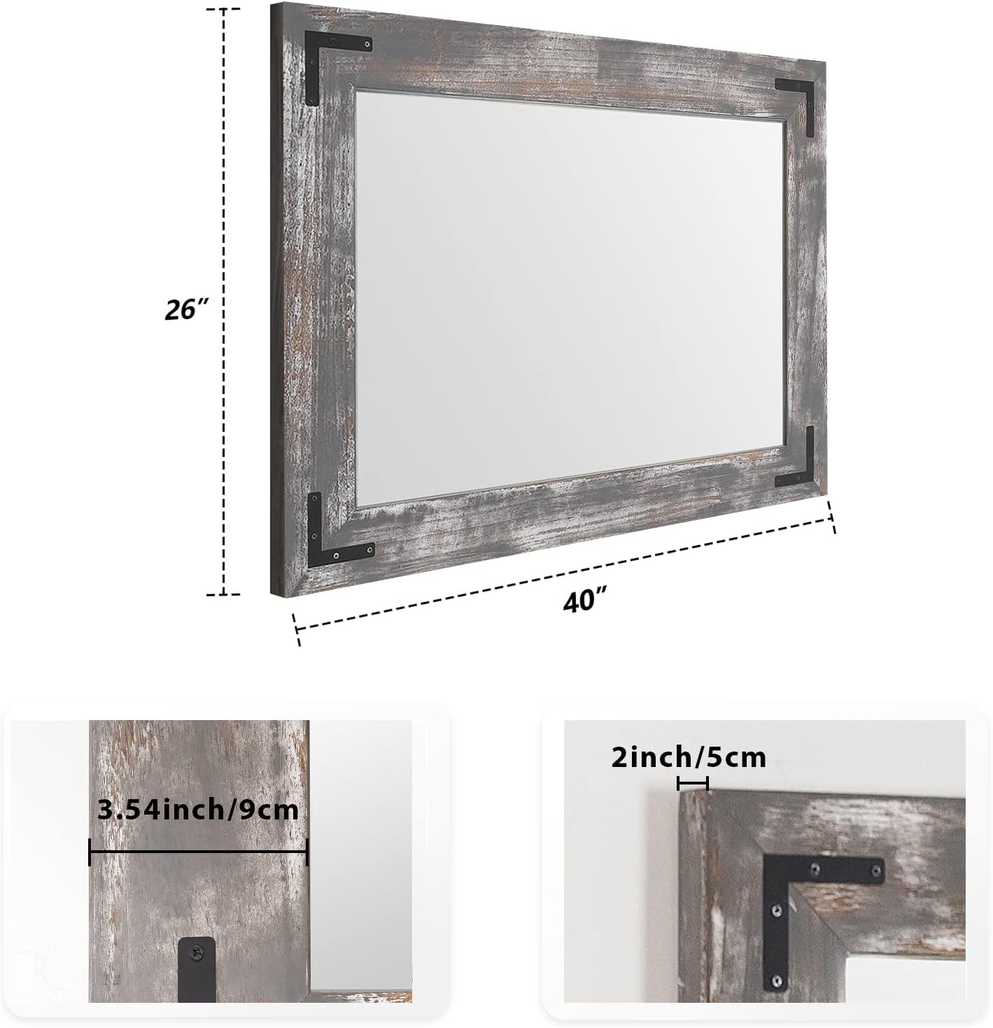 yoshoot rustic wooden framed wall mirror, 40"x26", natural wood bathroom vanity mirror for farmhouse decor, vertical or horizontal hanging 40"l x 26"w concrete grey