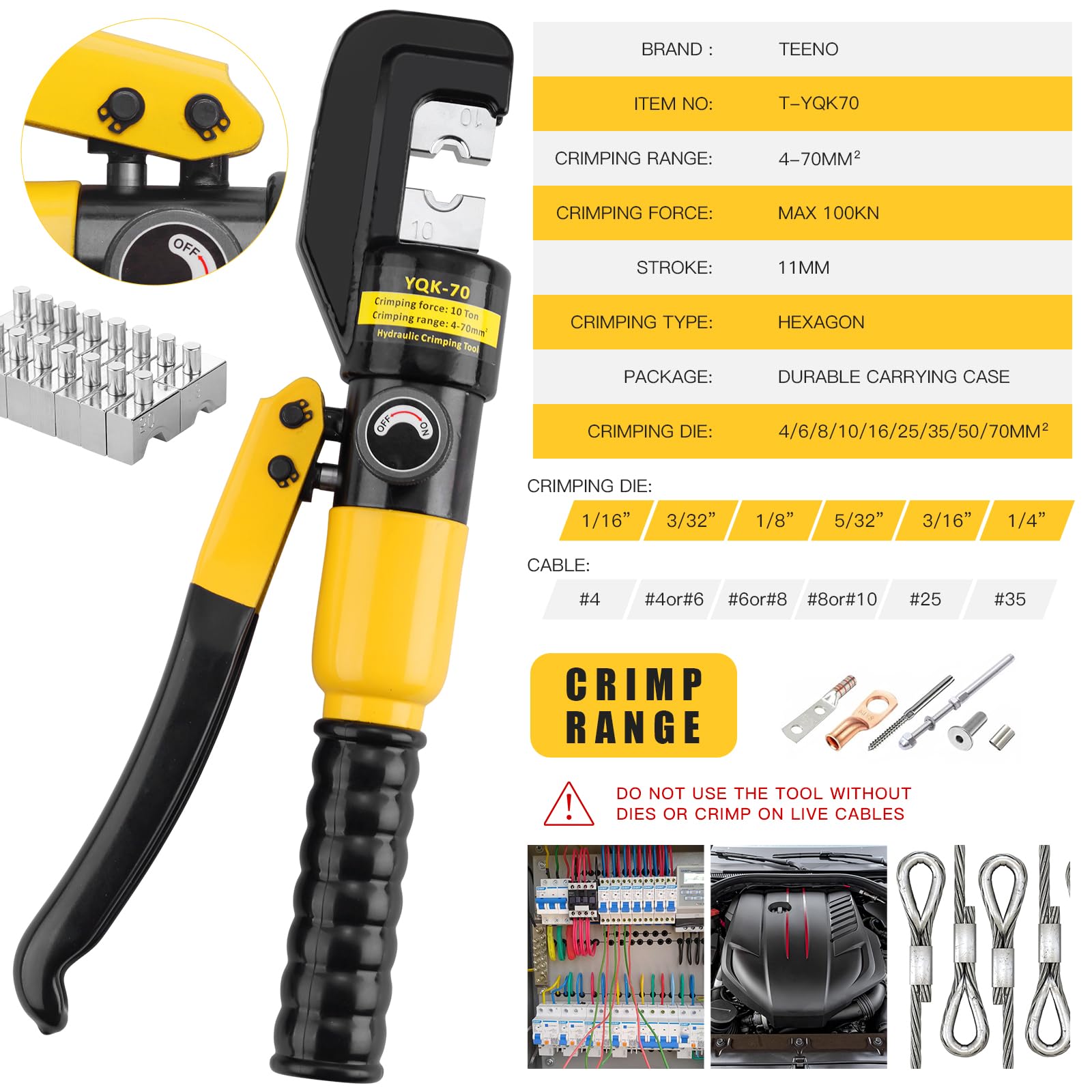 Pinze a crimpare idrauliche 10T, pinza a crimpare idraulica 4-70 mm² con 9 stampi esagonali 12 mm di corsa, pinze a capocorda elettriche TEENO per terminazioni di cavi in rame e alluminio