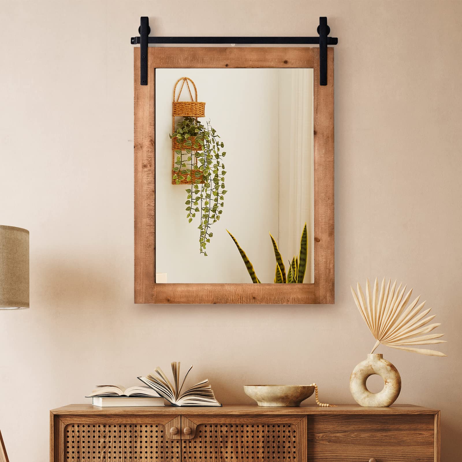 LIFEZEAL Specchio da Parete Rettangolare, Cornice in Legno Massello, Antisplosione, Decorativo, Ingresso, Salotto, Camera da Letto, Bagno, Appeso a Muro, Alta Definizione, Mirror (marrone, 56x76,5 cm)