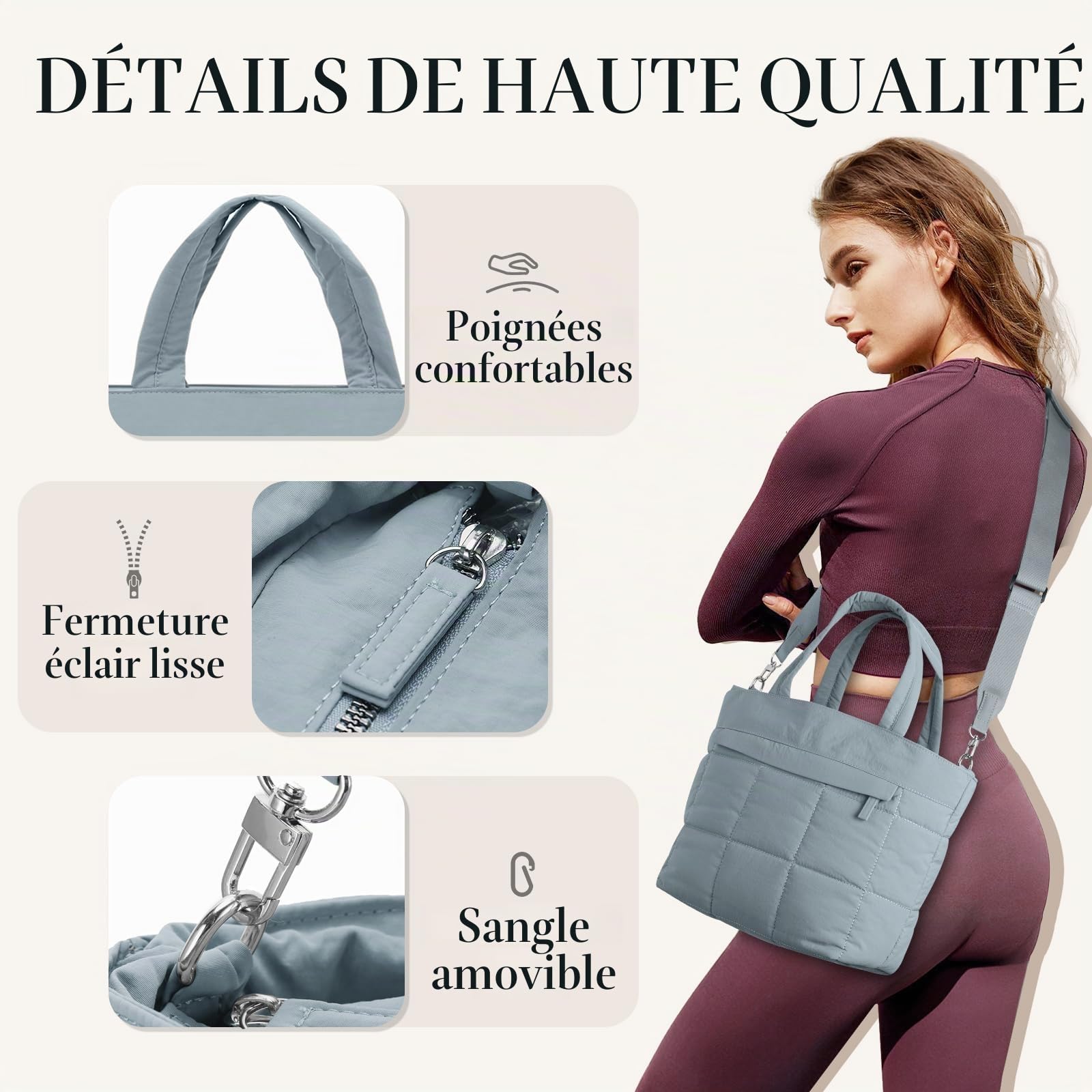 VASCHY Petit Cabas Femme, Léger Multi-poches Sac Bandoulière Femme Matelassé 12,9 Pouces Sac Fourre Tout Sac a Main Tote Bag Fille avec Bandoulière Amovible pour Travail Sport Voyage