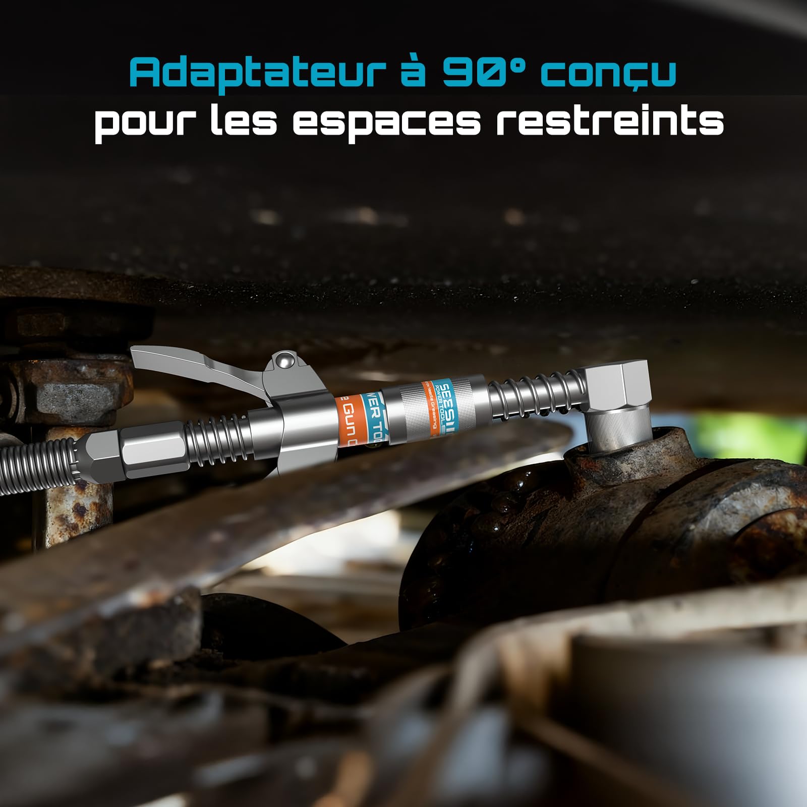 Seesii Kit d'accessoires pour Pompe a Graisse, Comprenant Un raccord Rapide, Un Adaptateur à 90°, Un Tuyau Flexible de 30 cm et 2 Embouts pour graissage Facile dans Les espaces étroits et Profonds