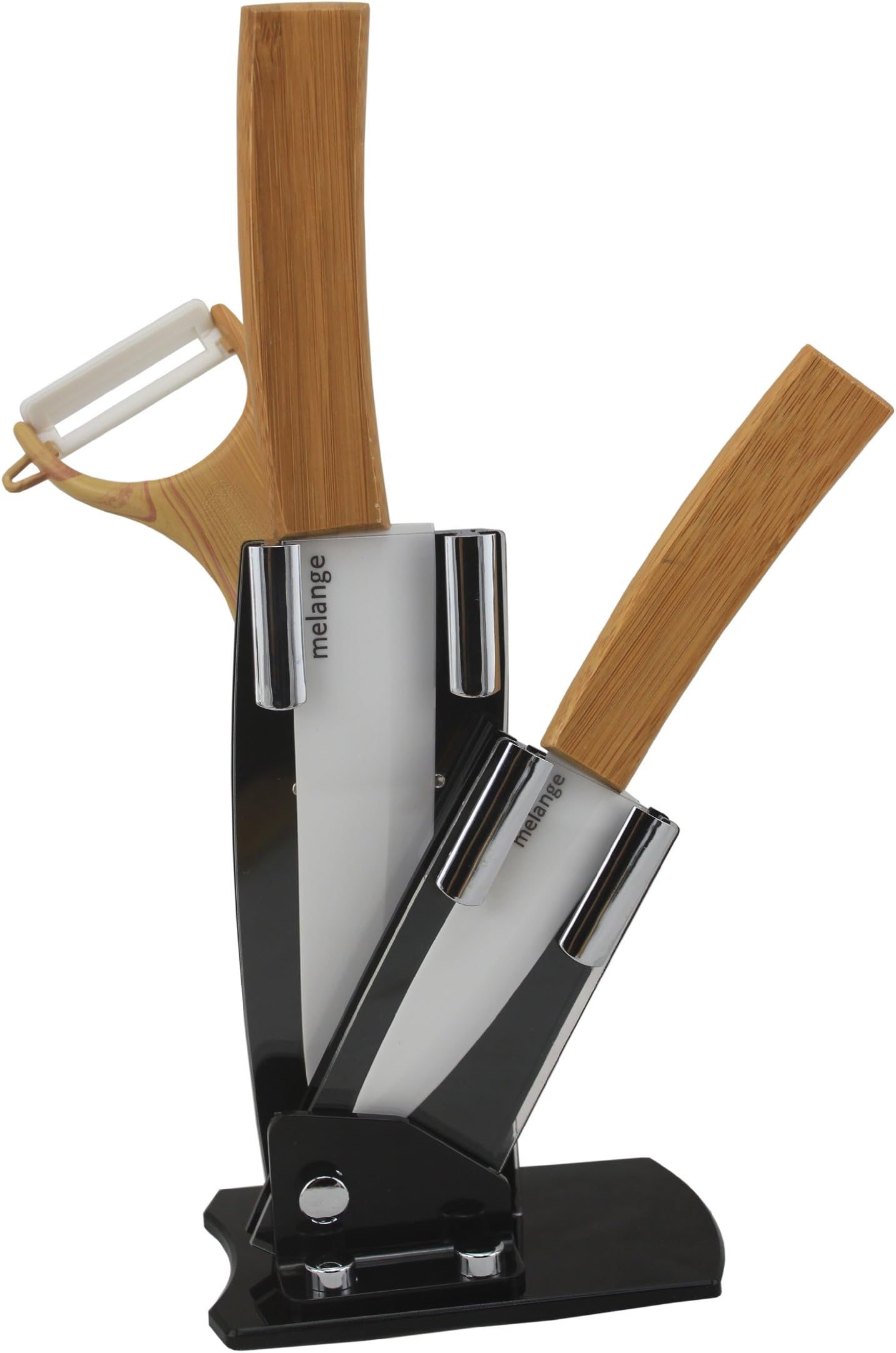 Melange 4-Piece Ceramic Knife Set with Bamboo Handle and White Blade, Includes 6-Inch Chef's Knife, 4-Inch Utility Knife, Peeler and Acrylic Holder