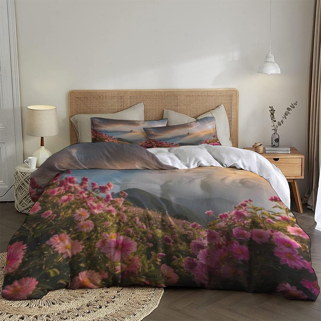 NIBAINLO 布団カバー夕暮れ時の山のピンクの花と鳥 肌に優しい ピーチスキン加工 掛け布団カバー 和式 洋式 あったか 布団カバーセット リバーシブル ホームステイ ホテル 家庭兼用