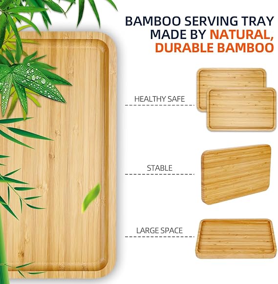 KORNIFUL Bamboo Serving Tray - 2 Pack Serving Platters for Food Party Smores Maker Tray - Modern Rectangle Wooden Trays for Eating Living Room Kitchen Counter Tray or Tabletop fire Pit Accessory (M2)