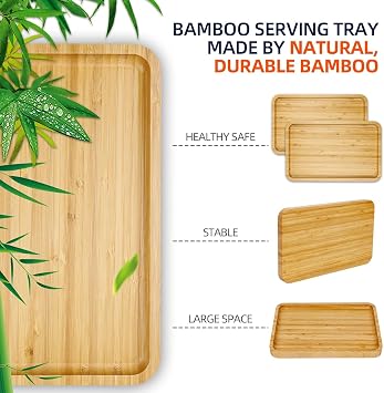 KORNIFUL Bamboo Serving Tray - 2 Pack Serving Platters for Food Party Smores Maker Tray - Modern Rectangle Wooden Trays for Eating Living Room Kitchen Counter Tray or Tabletop fire Pit Accessory (M2)