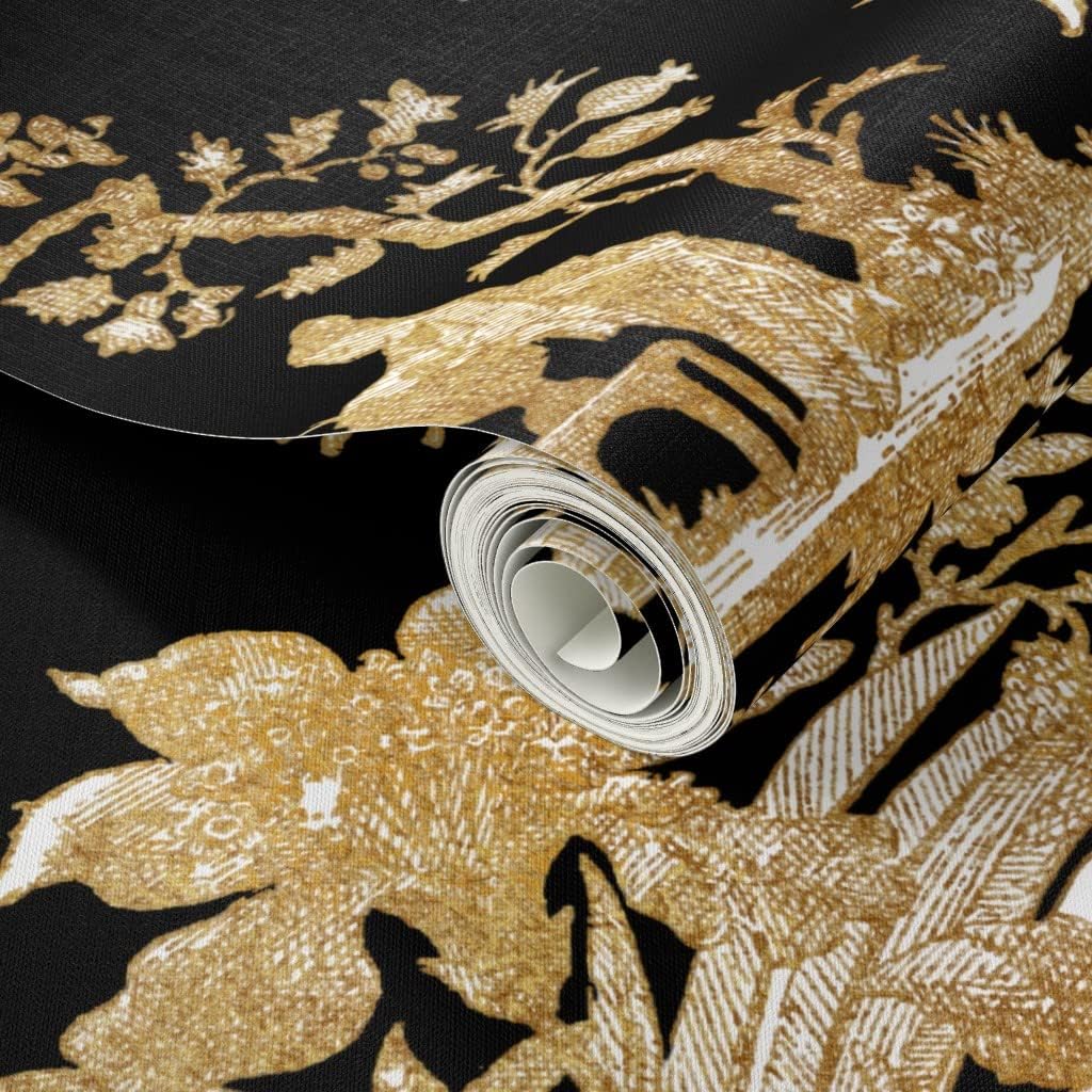 Peel & Stick Wallpaper Swatch - Chinoiserie Toile Black Asian Gold Chinese Custom Removable Wallpaper by Spoonflower