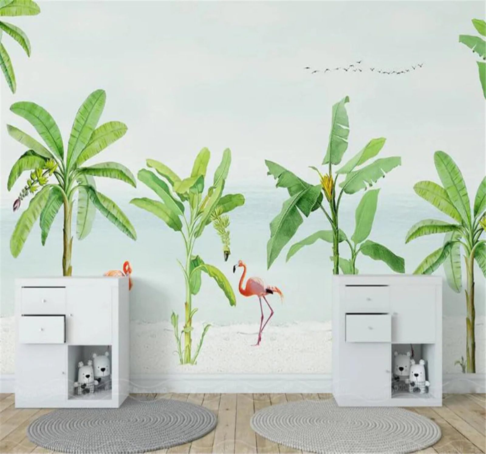 Xlming 150Cm×105Cm(B×H) Fresh And Whimsical Seaside Banana Trees Pink Flamingos 3D Wallpaper Silky Texture Home Study Office Grey Dining Room Sofa Bedroom Living Room Tv Backdrop-150Cm×105Cm